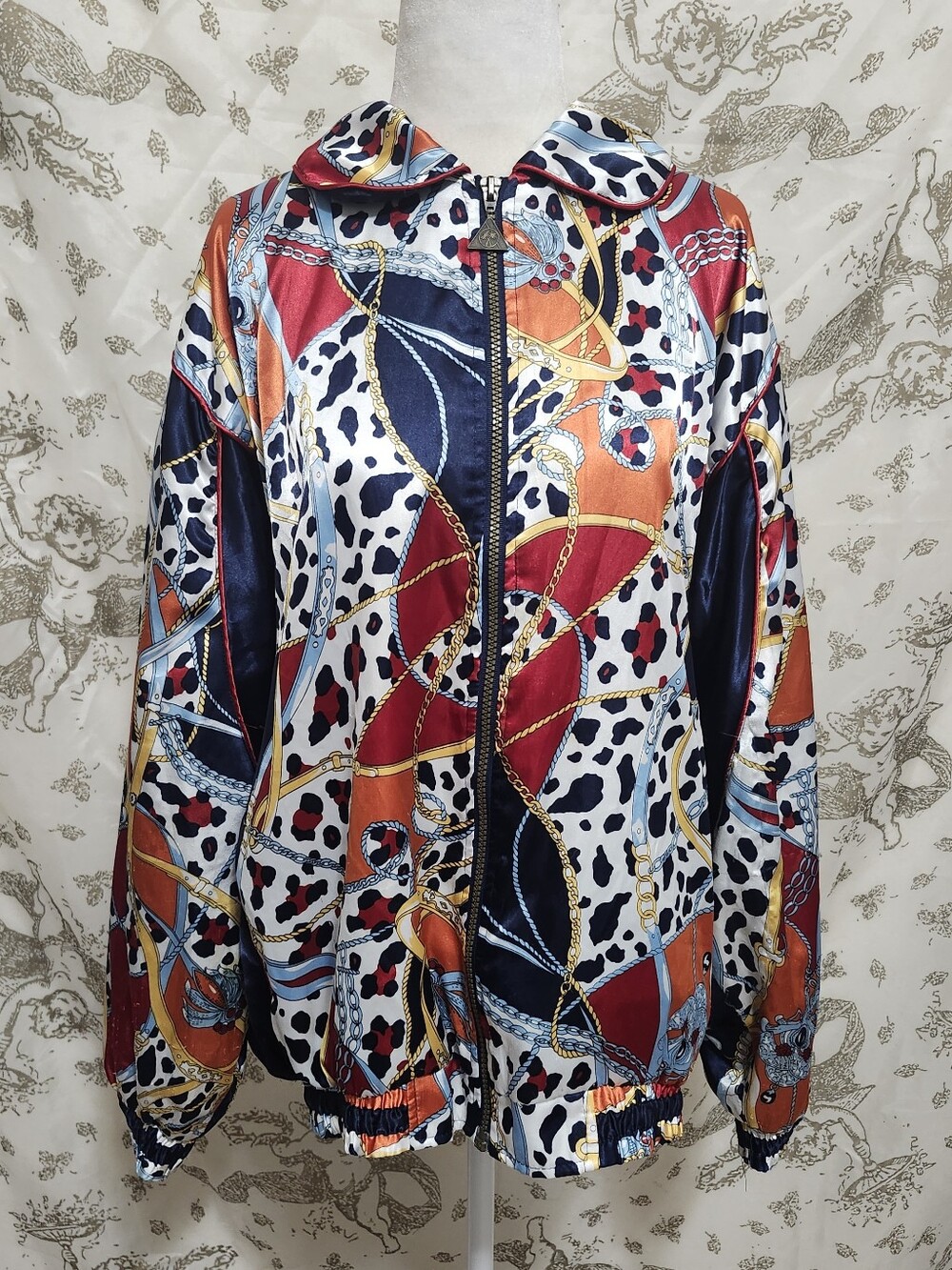 Maximalist vintage Chain Rope And Animal Print satin zip-up windbreaker L
